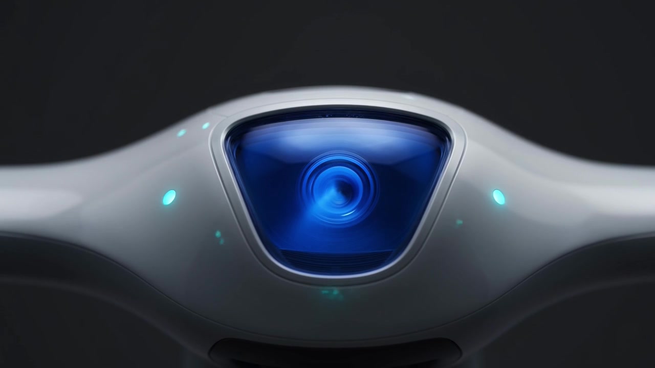 Lente de cámara de dron futurista con luces azules parpadeantes