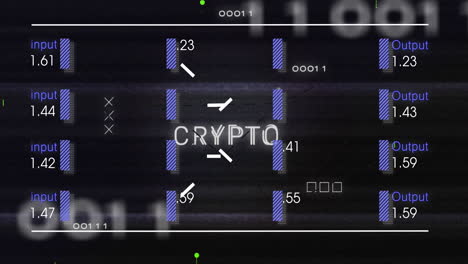 animation of crypto text and input and outputs text over blue lines and circuit board patten