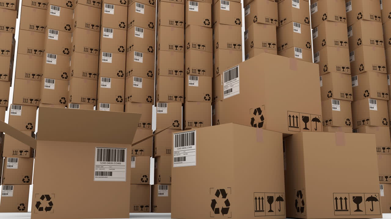 여러 개의 플라이드되고 쌓인 카드보드 상자의 애니메이션