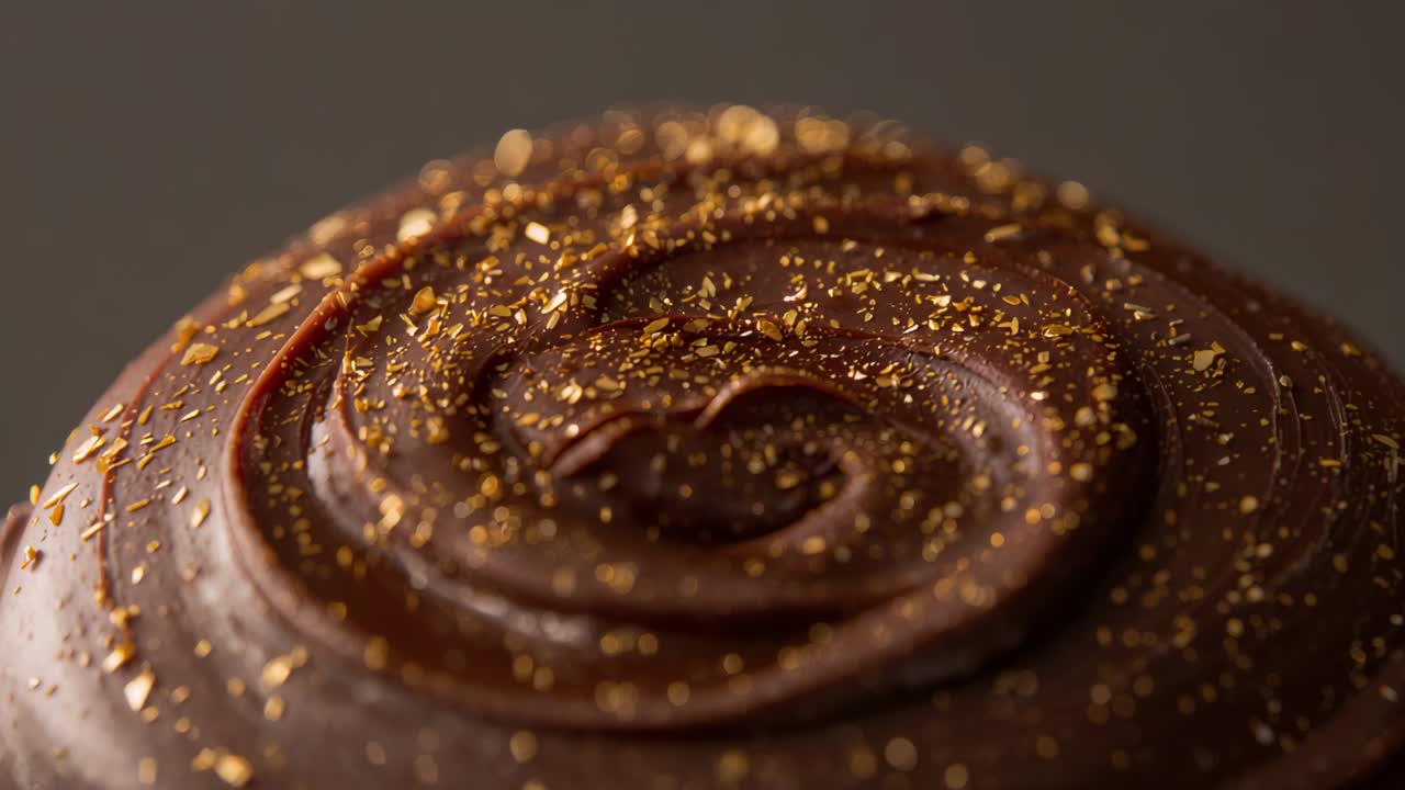 Pulling macro camera revealing chocolate with glossy spiral frosting on set, showing gold flakes