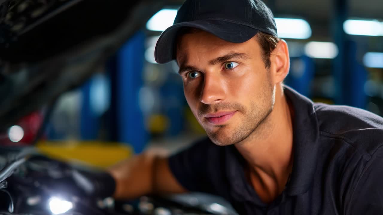 Fokuserad mekaniker som inspekterar motorkomponenter med noggrannhet i modern verkstadsmiljö, vilket visar på professionalism och skicklighet inom bilreparation