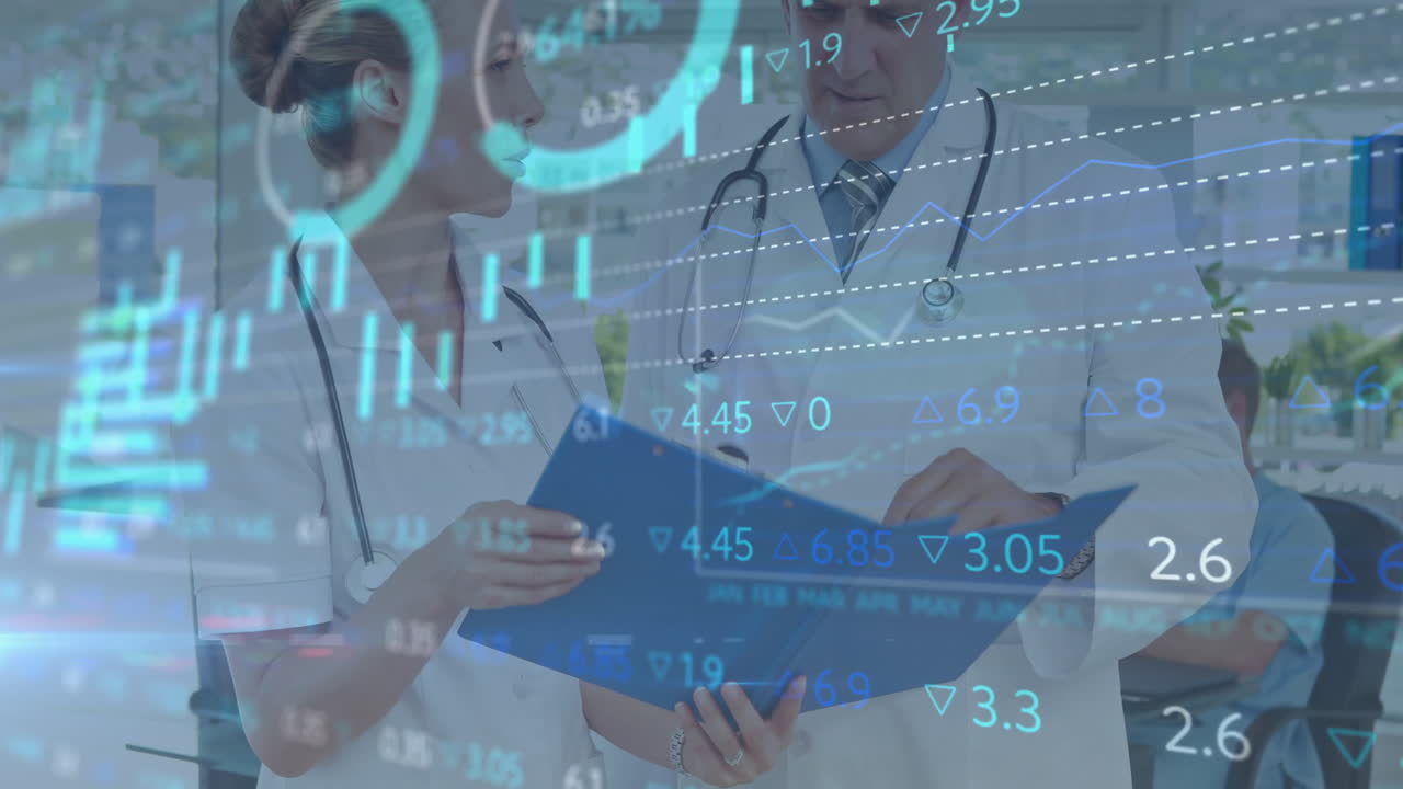 female doctor and male doctor discussing patient data in clinic, showing floating finance charts