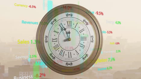 Animation-of-diagrams-and-stock-market-with-clock-over-cityscape