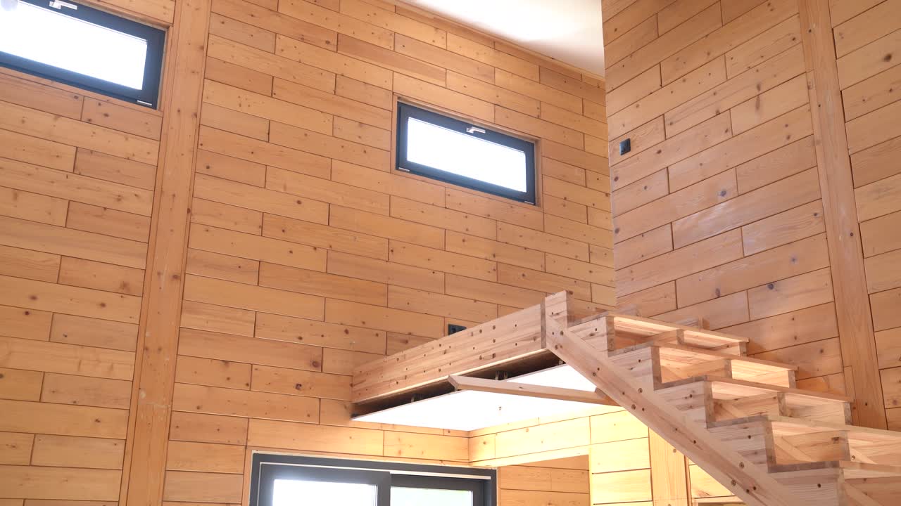 Bright Loft Wooden Wall with Staircase and Modern Natural Light Interior