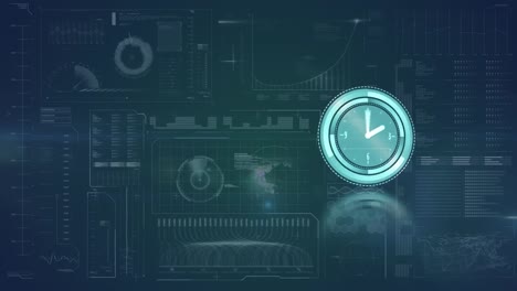 animación de un reloj moviéndose sobre un fondo azul con datos diversos