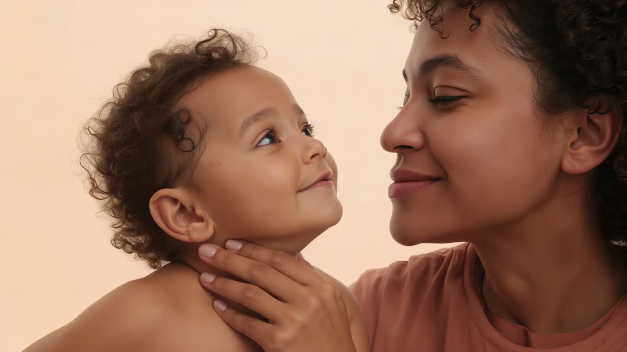 Cradling peach-top mother leaning meeting gaze with bare toddler at beige backdrop hand at chest