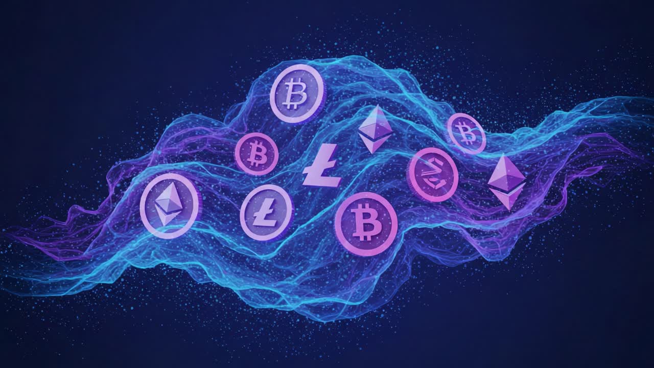 Dynamic Representation of Cryptocurrency with Floating Tokens in a Futuristic Design, Highlighting Digital Currency Innovations and Blockchain Technology