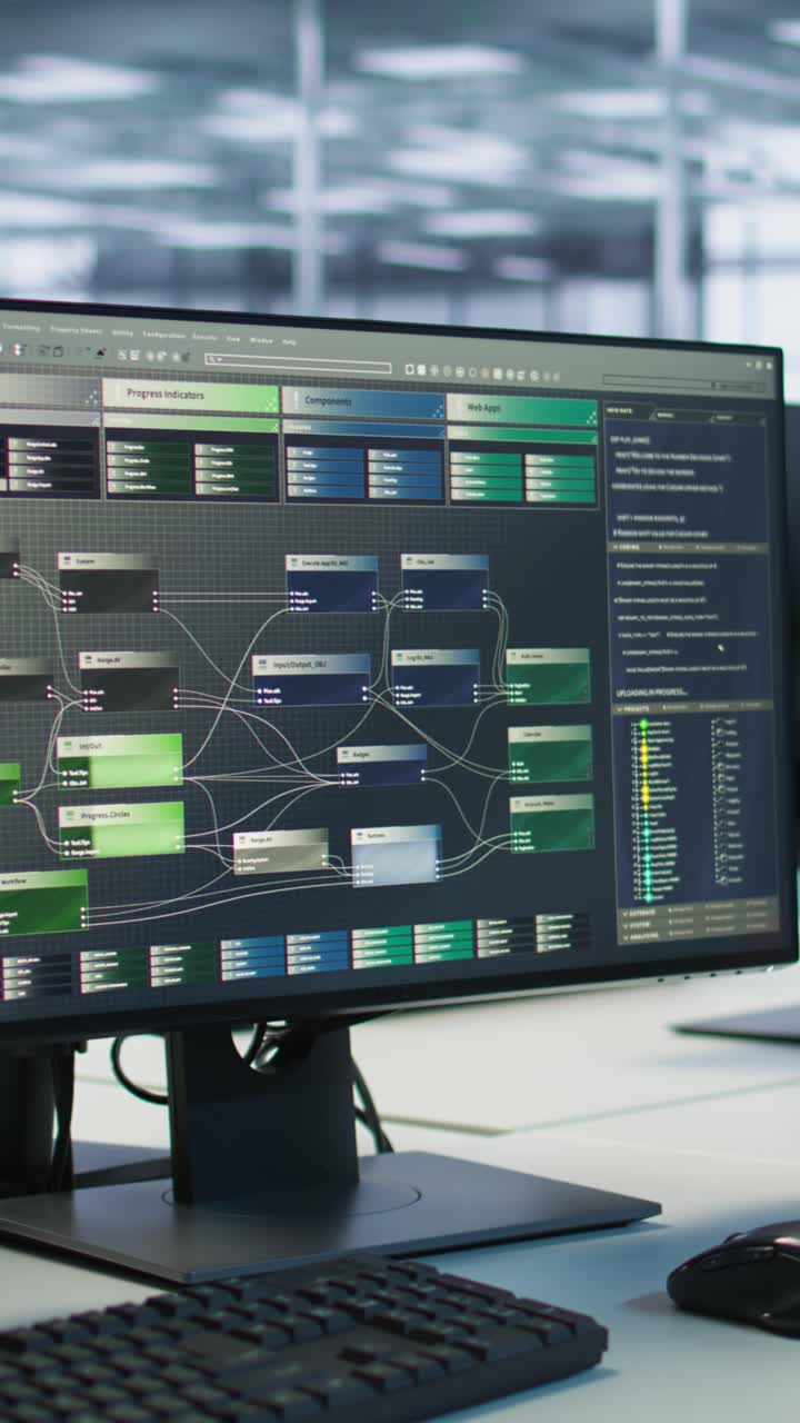 Vertical video PC screens on server hub office desk showing programming software, close up