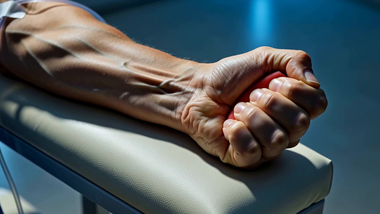 Una vista ravvicinata cattura una mano che stringe una palla di schiuma rossa mentre le dita ne comprimono la superficie, con il braccio appoggiato su un cuscino sotto una luce fredda e una composizione poco profonda che enfatizza texture e movimento.