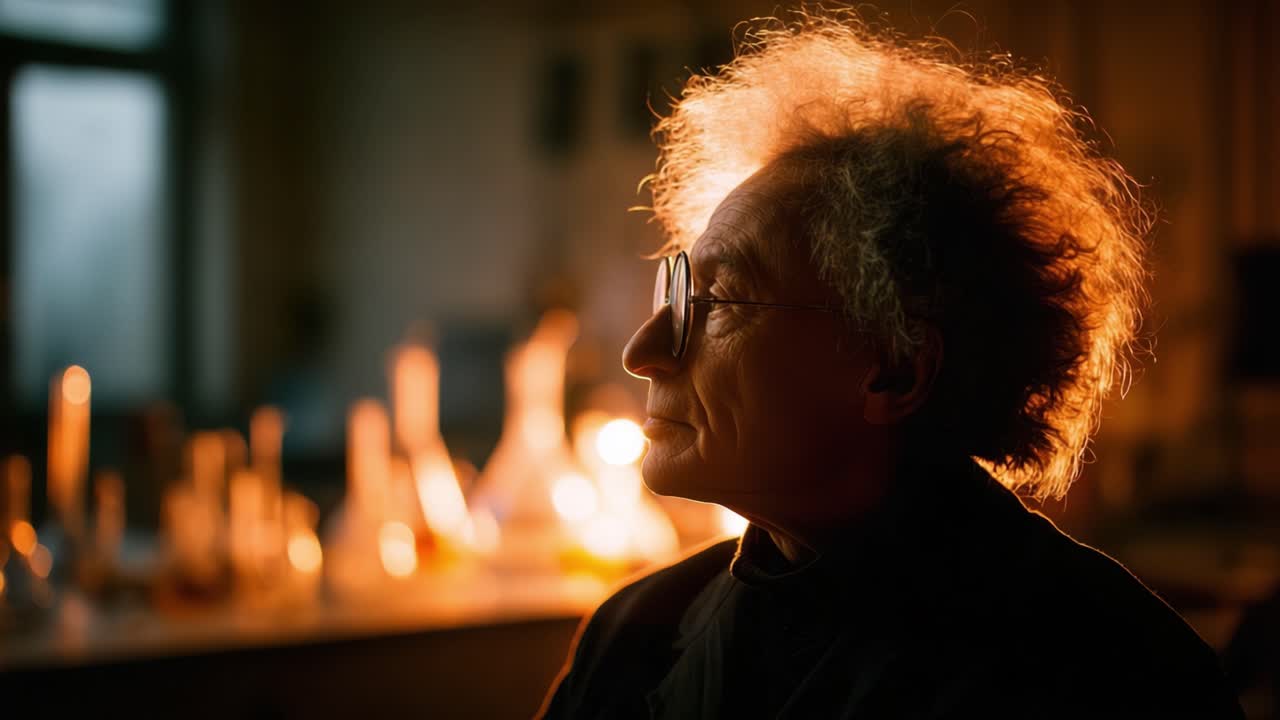 Portrait of a Thoughtful Scientist in a Laboratory, Emphasizing the Creative Process and Wonder of Discovery in Science with Warm Lighting and Reflection