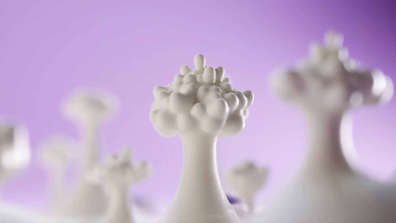 Central white organic form stays sharply defined among blurred similar shapes rising from smooth pastel purple surface, creating layered depth, soft diffuse light, glossy texture, and calm abstract