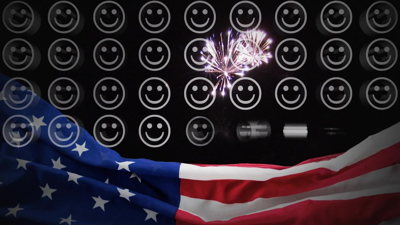 Animation of emoticons over fireworks and flag of usa