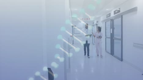 animation of dna and data processing over diverse doctors in hospital