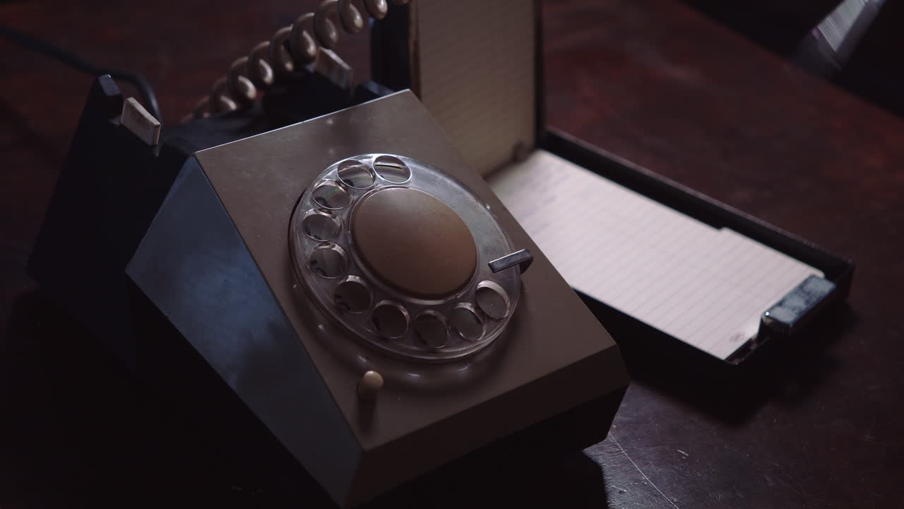The person's hand picks up the handset of a retro dial-phone and takes notes in the phone book during the call