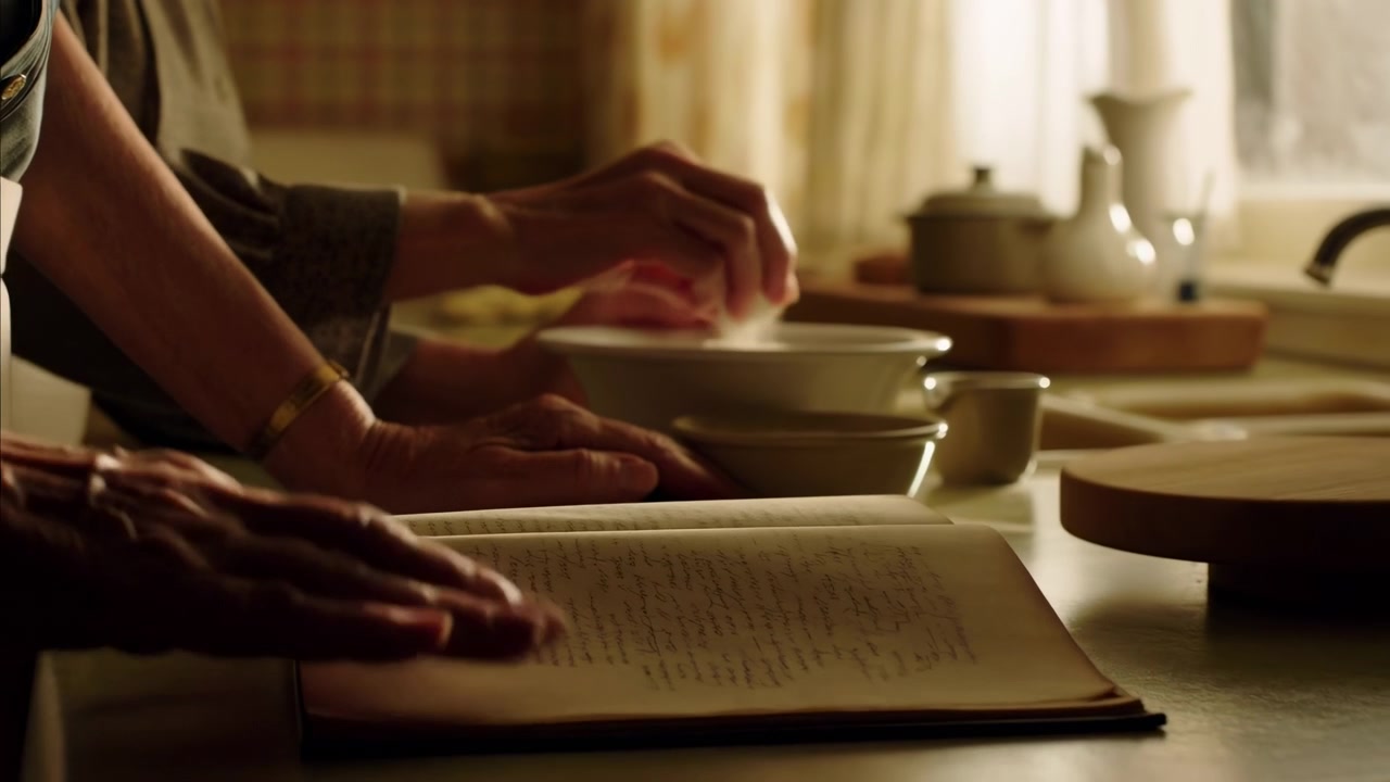 A close-up shot of hands moving across a table filled with dishes and teapots in a dining room setting with curtains, tables, and dishes. The scene conveys a neutral and focused mood, ideal.