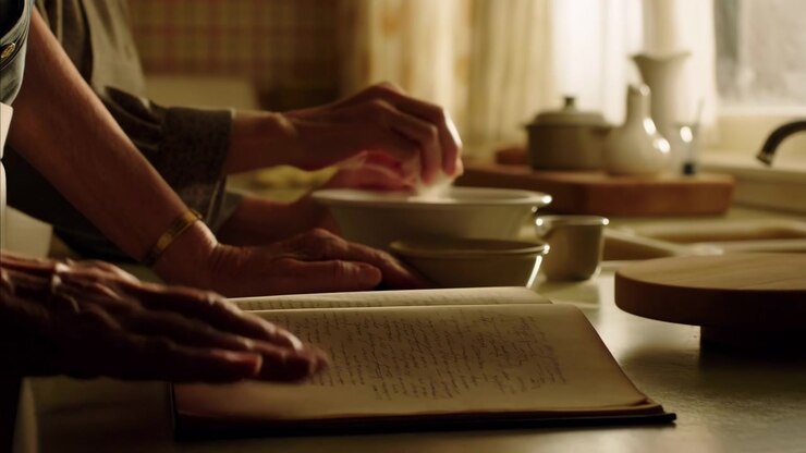 A close-up shot of hands moving across a table filled with dishes and teapots in a dining room setting with curtains, tables, and dishes. The scene conveys a neutral and focused mood, ideal.