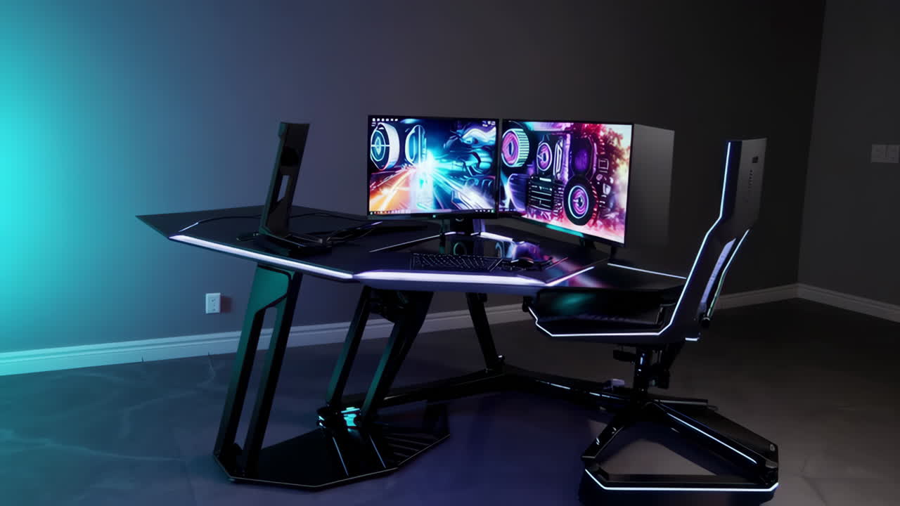 High-Tech Gaming Desk Setup with Vibrant RGB Lighting