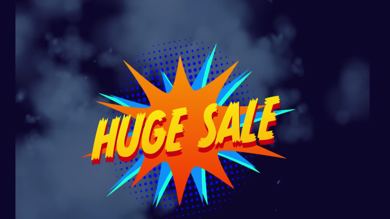 animación de un enorme texto de venta sobre nubes sobre fondo negro