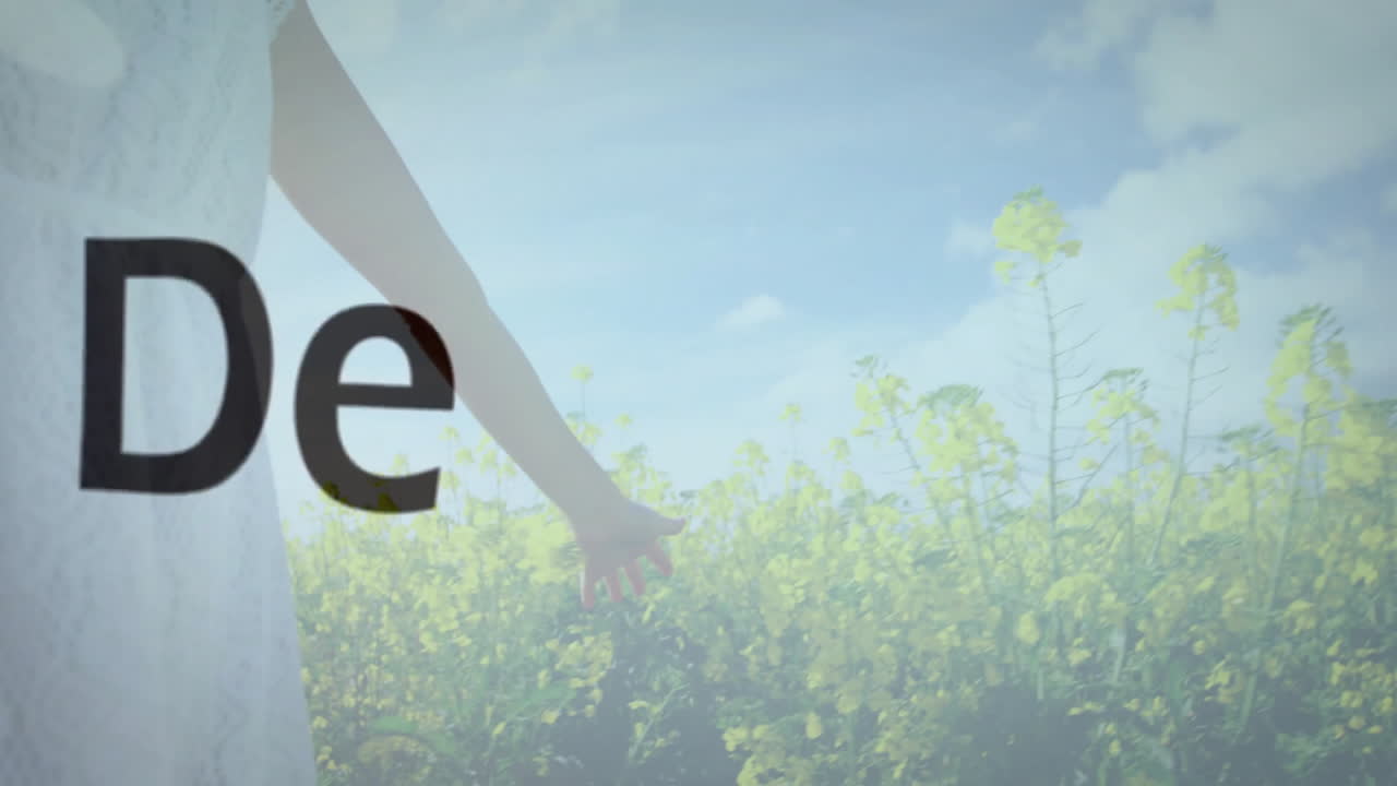 노란 꽃을 걸어가는 사람 위의 텍스트 애니메이션