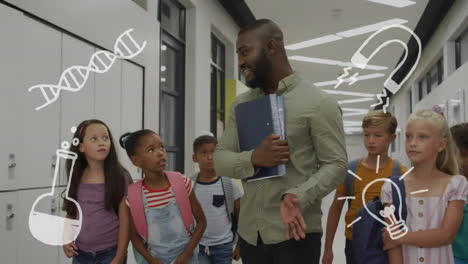 animation of science icons over diverse schoolchildren and male teacher in corridor at school