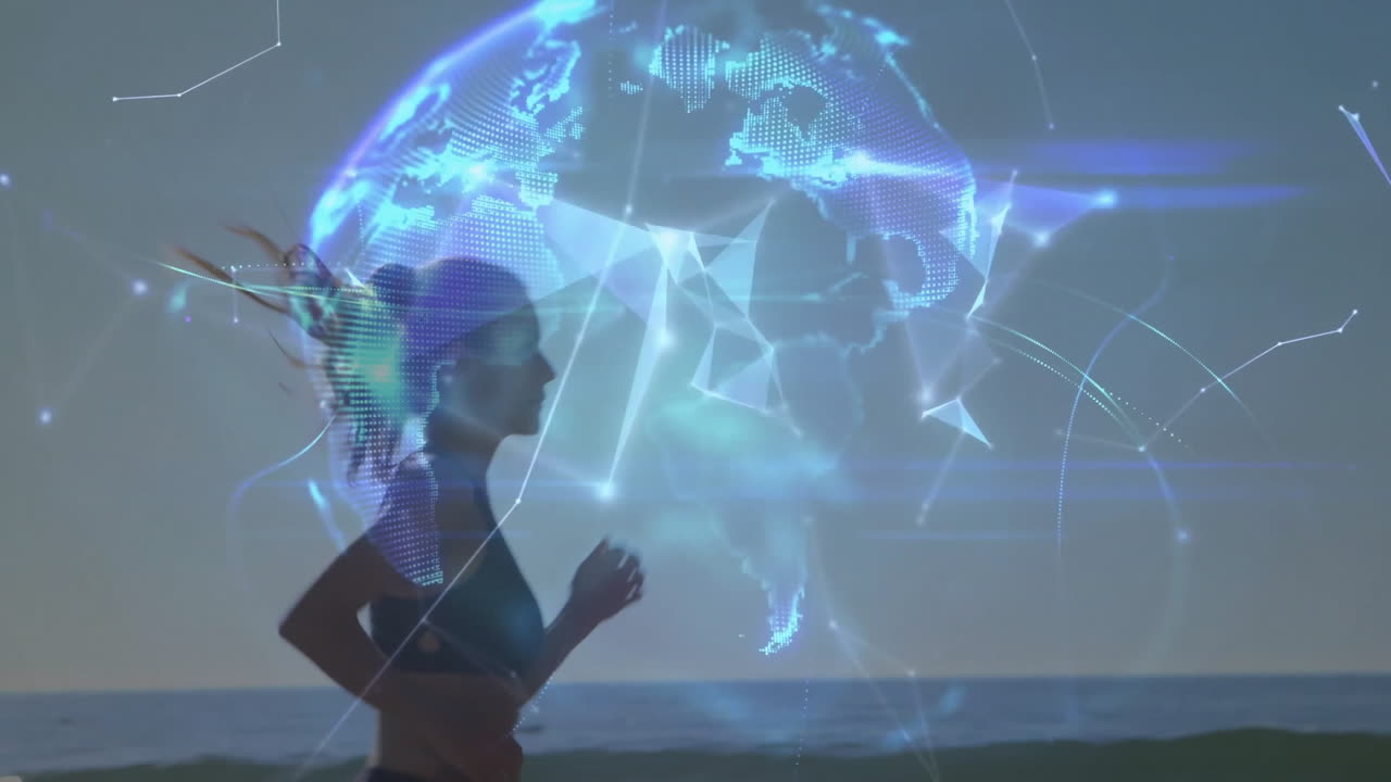 Jogging on beach, woman with digital globe animation overlay, enjoying view