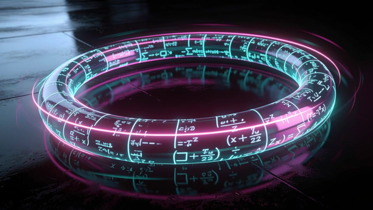 Toro luminoso in rotazione oraria in studio, che rivela equazioni e bordi al neon