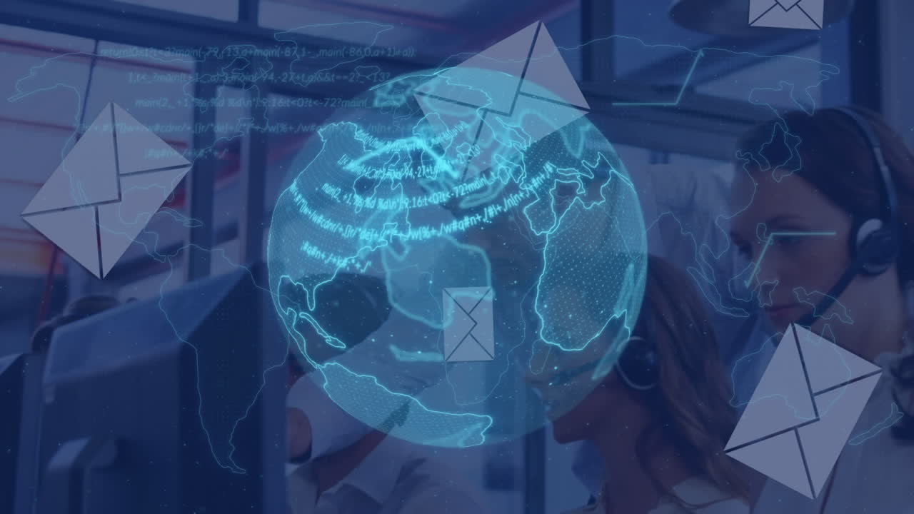 animación del globo sobre la gente de negocios usando auriculares de teléfono