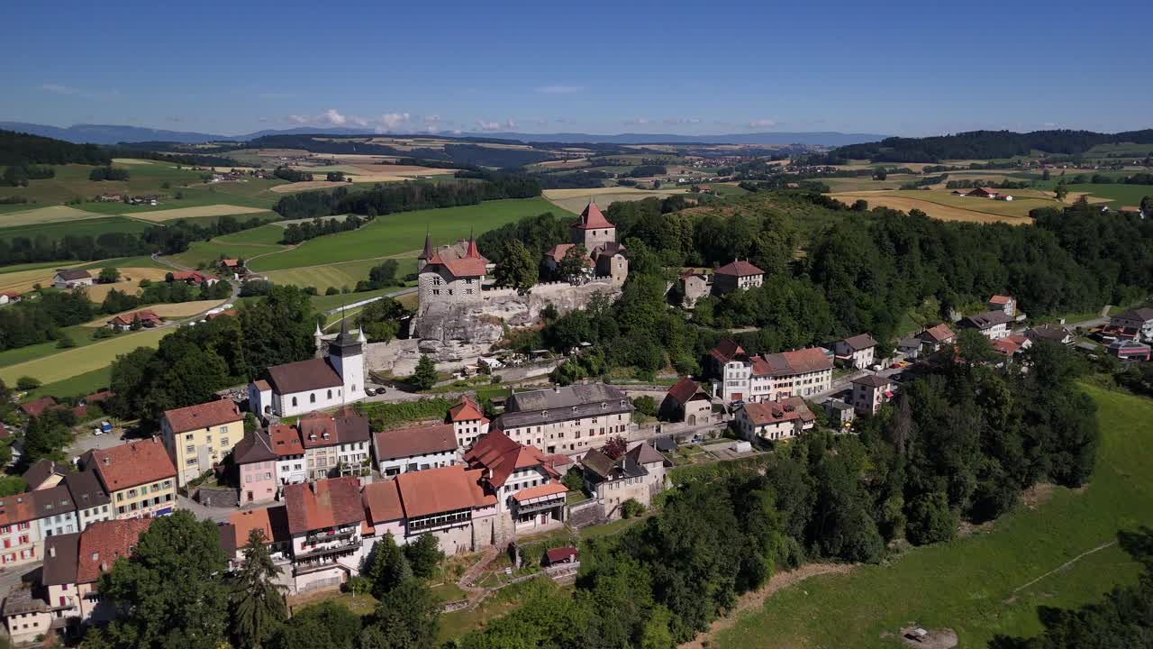 Rue town Switzerland aerial drone medieval old smallest in Europe Fribourg canton