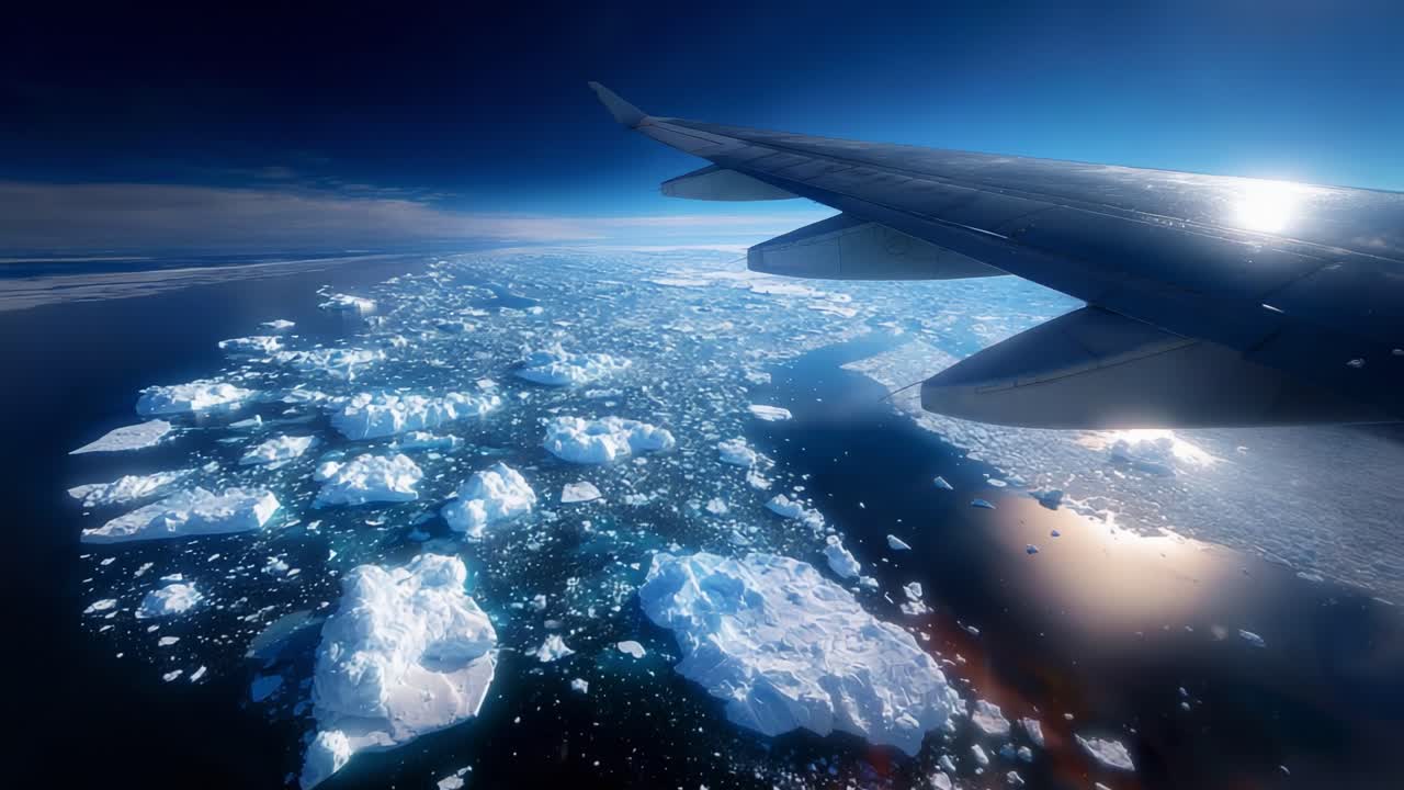 Aerial View of Icebergs and Frozen Landscape Captured from an Airplane Window, Showcasing the Stunning Beauty of Arctic Waters and Glacial Formations Under a Clear Blue Sky