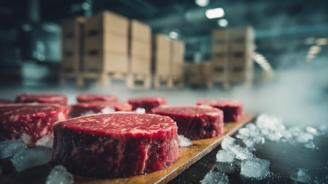 Freshly Cut Premium Steaks on Display with Ice in a Cold Storage Environment, Showcasing Quality and Preparation for Cooking and Culinary Applications