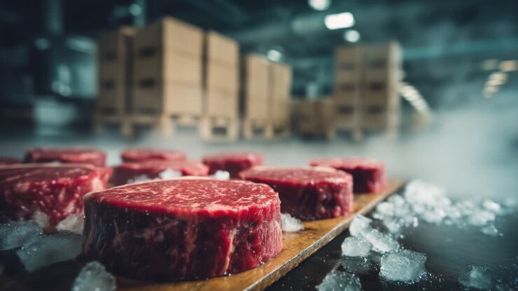 Freshly Cut Premium Steaks on Display with Ice in a Cold Storage Environment, Showcasing Quality and Preparation for Cooking and Culinary Applications
