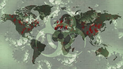 biohazard symbol and multiple covid-19 cells floating against world map on grey background