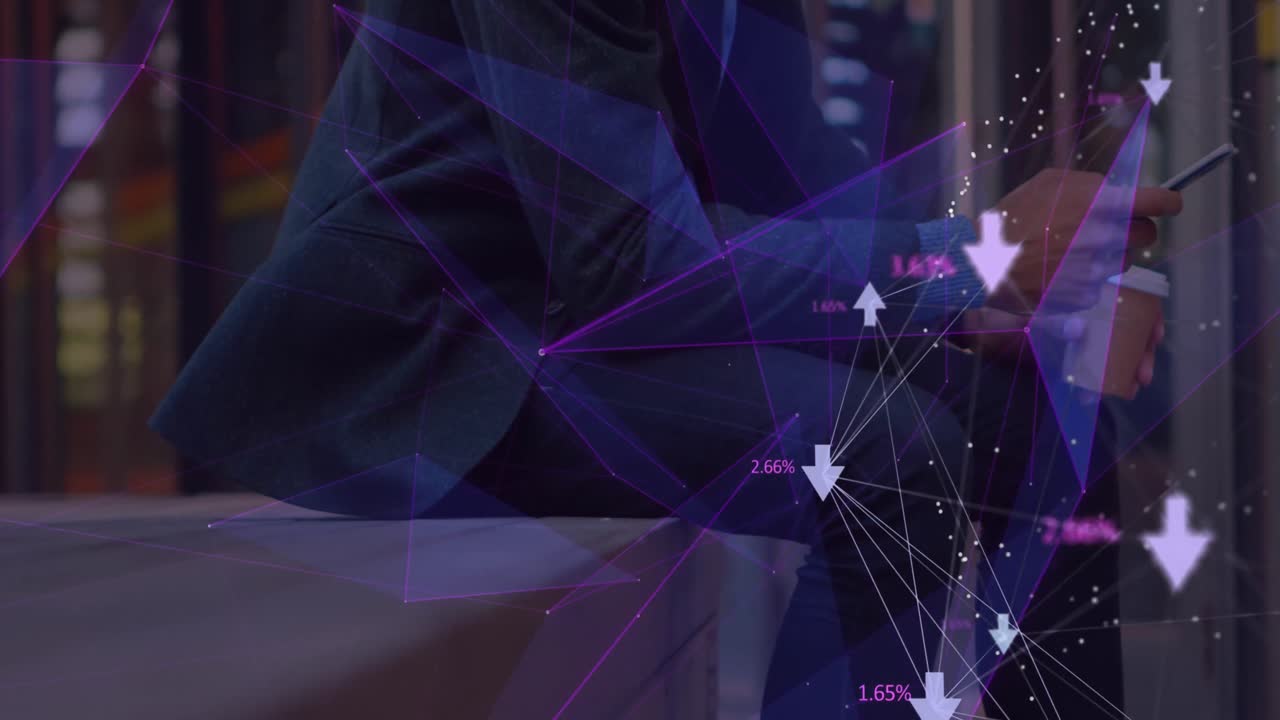 Plexus networks and globe against mid section of businessman with coffee cup using smartphone