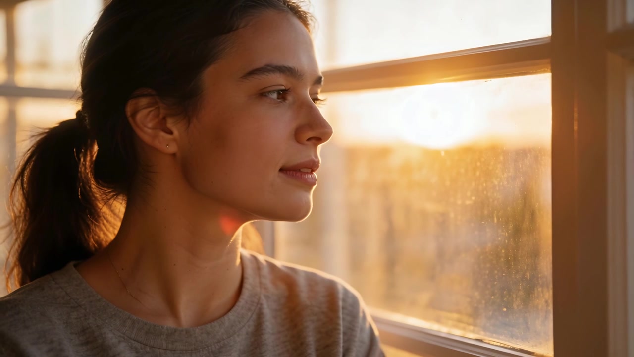 Turning woman gazing out multi-pane window at home as sunlight intensifying, showing grey sweater