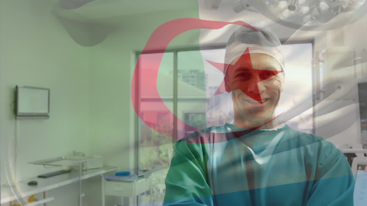 animación de la bandera de argelia ondeando sobre los cirujanos en el quirófano