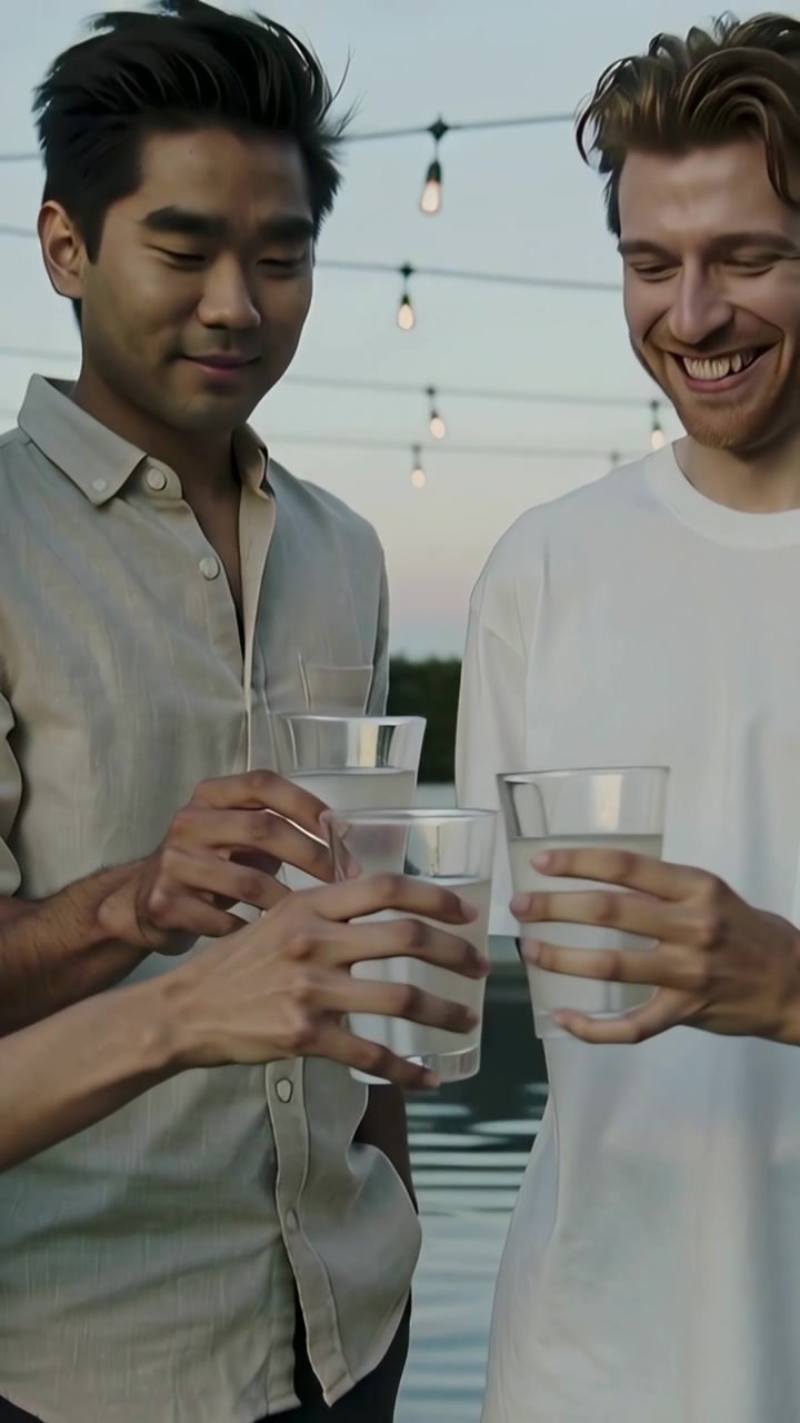 Vertical video: Camera pulling back two men clinking glasses at pool toasting friends under lights