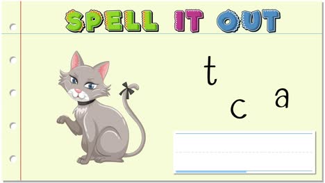 a playful animation teaching kids to spell 'cat' with colorful letters and a friendly cartoon cat