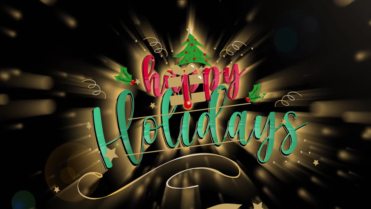 검은색 배경에 크리스마스 장식 위에 행복한 휴일 텍스트의 애니메이션