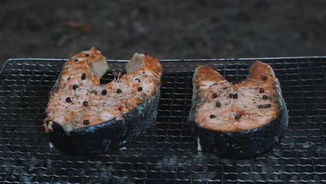 Grilling-salmon-steak-on-hot-grill.-Closeup-salmon-fillet-cooking-on-grill