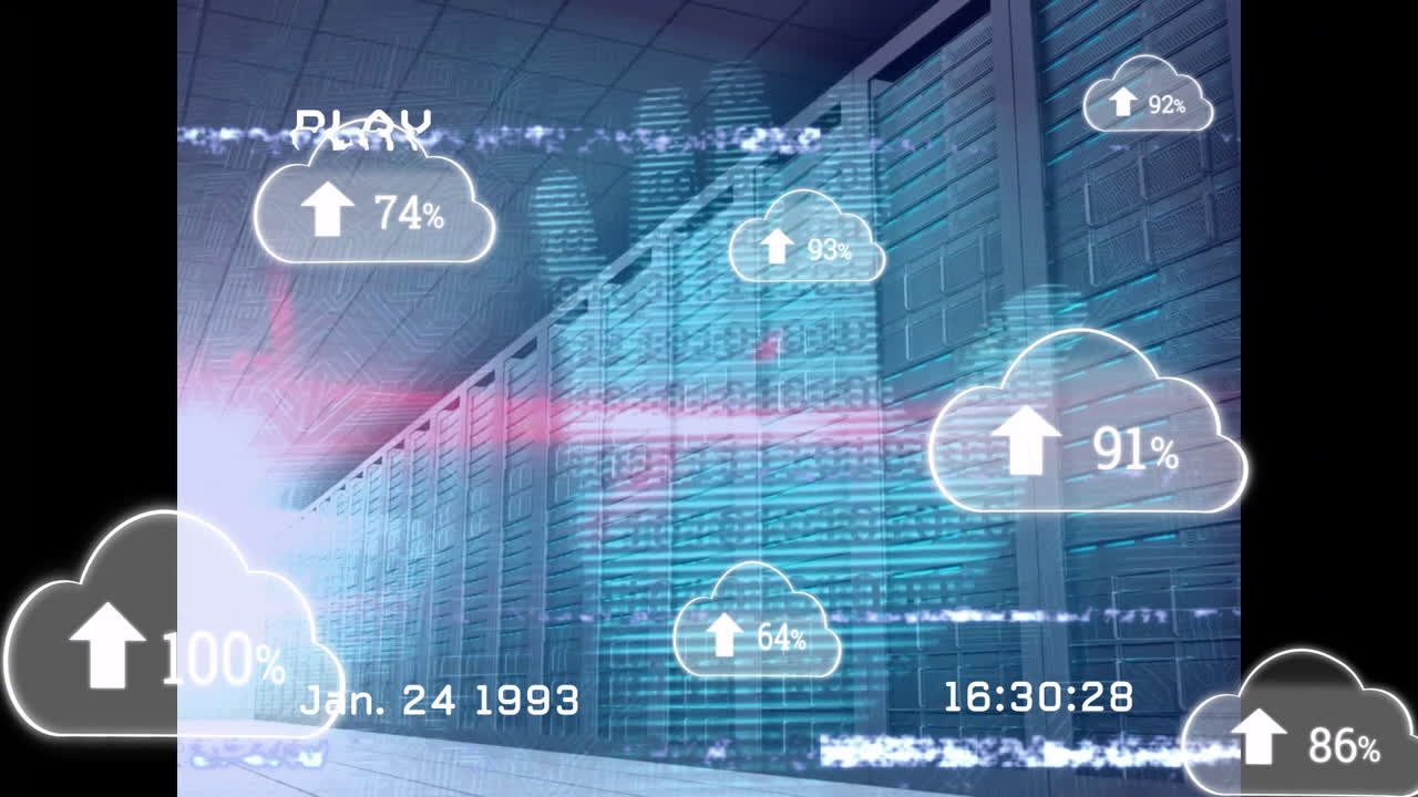 Cloud data storage and processing animation over server room background