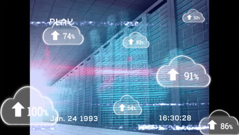 cloud data storage and processing animation over server room background