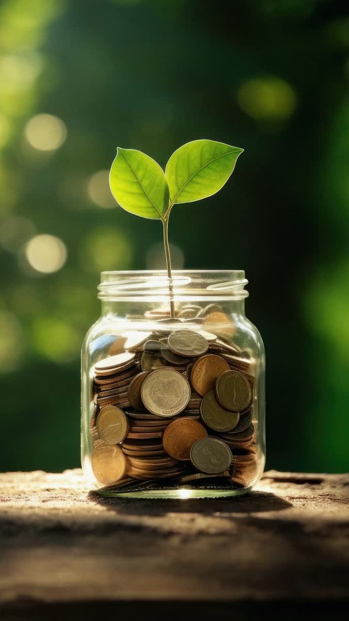 A close-up video still of a jar filled with coins and a sprouting plant, symbolizing growth