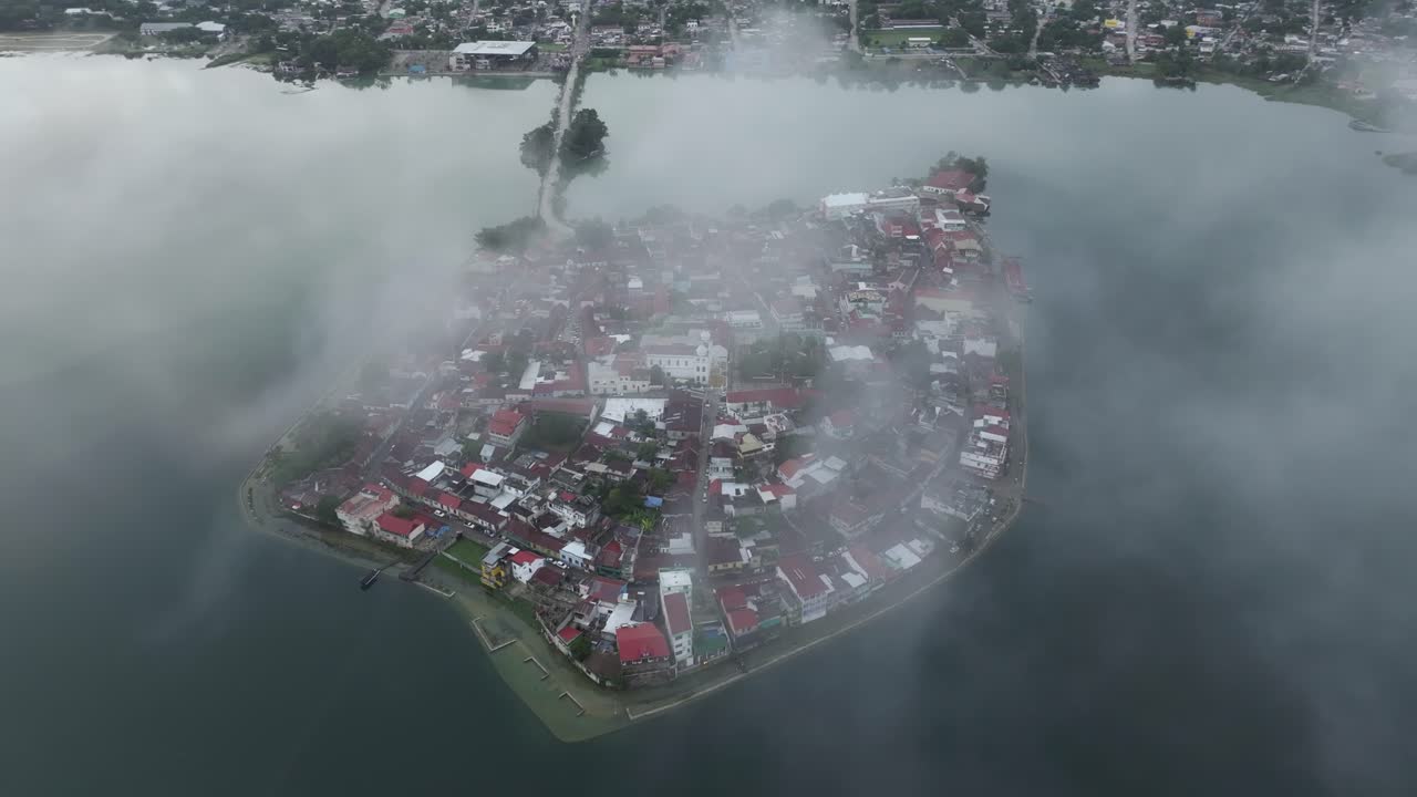 El Pet&eacute;n Flores island in Guatemala drone aerial view