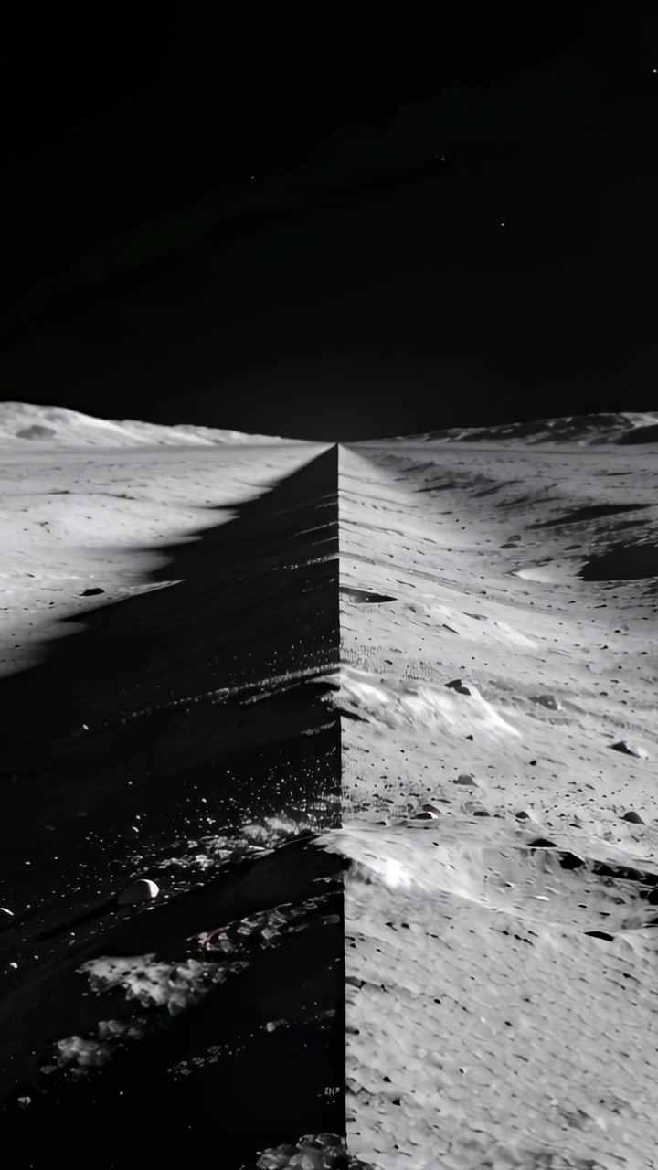 Vertical video: Moving camera driving central seam dividing lunar surface revealing craters