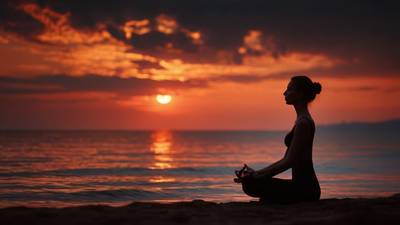 Serene Sunset Meditation: A Woman in Contemplative Posture by the Tranquil Ocean as the Sun Sets on the Horizon, Reflecting Inner Peace and Natural Beauty