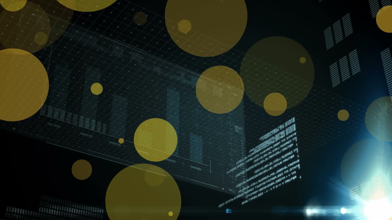 노란색 점의 애니메이션과 검은색 디지털 화면의 데이터 처리