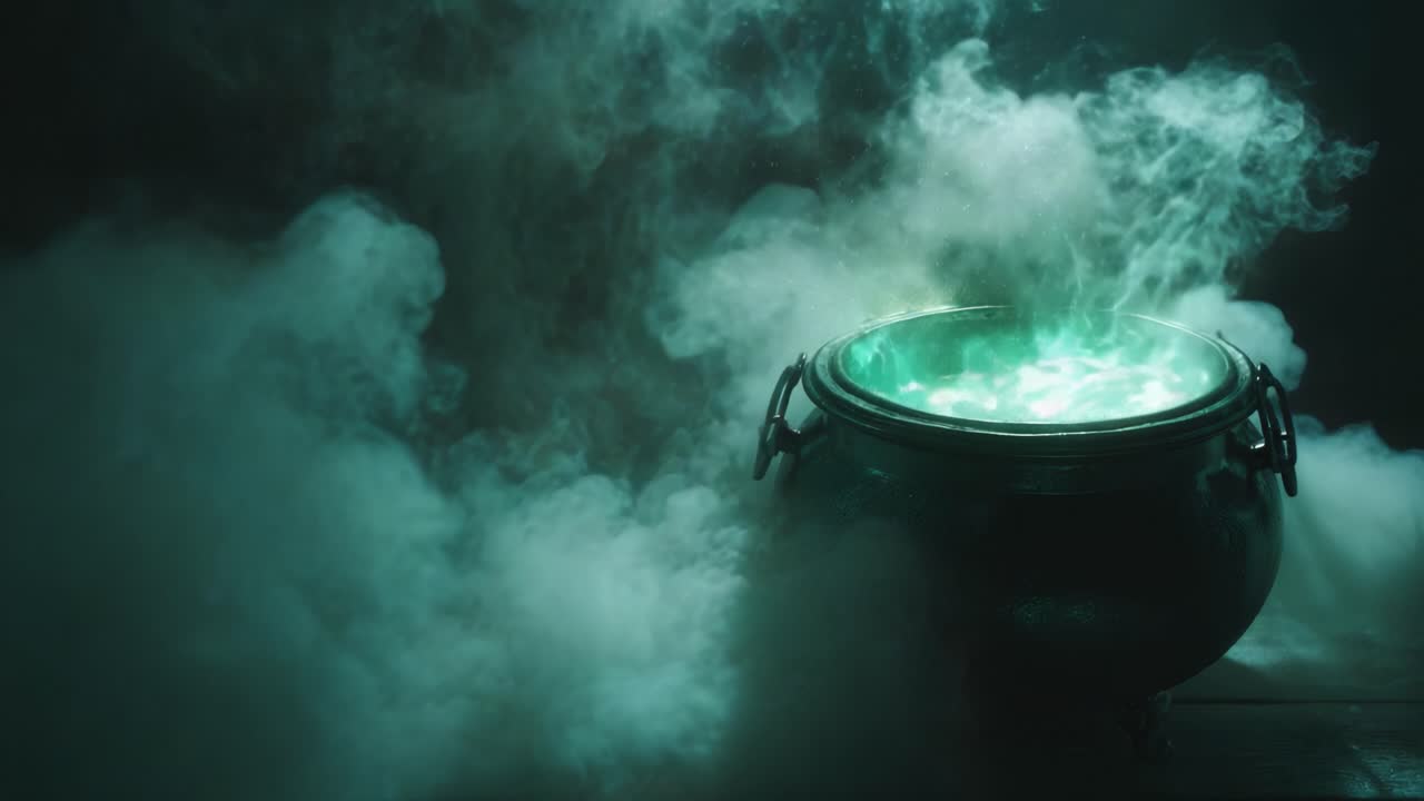 A Mysterious Cauldron Surrounded by Enigmatic Green Smoke, Perfectly Capturing the Essence of Magic and Alchemy in an Otherworldly Setting