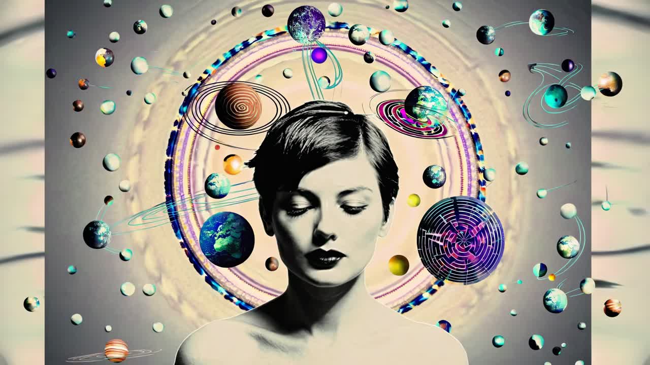 Surreal video concept with a front-facing angle, featuring a woman surrounded by cosmic elements