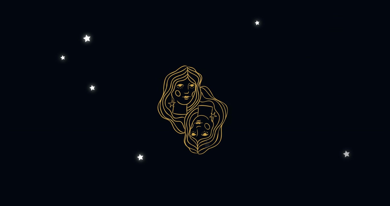 Animación de rostros femeninos con el signo zodiacal de Géminis contra estrellas iluminadas sobre fondo negro.