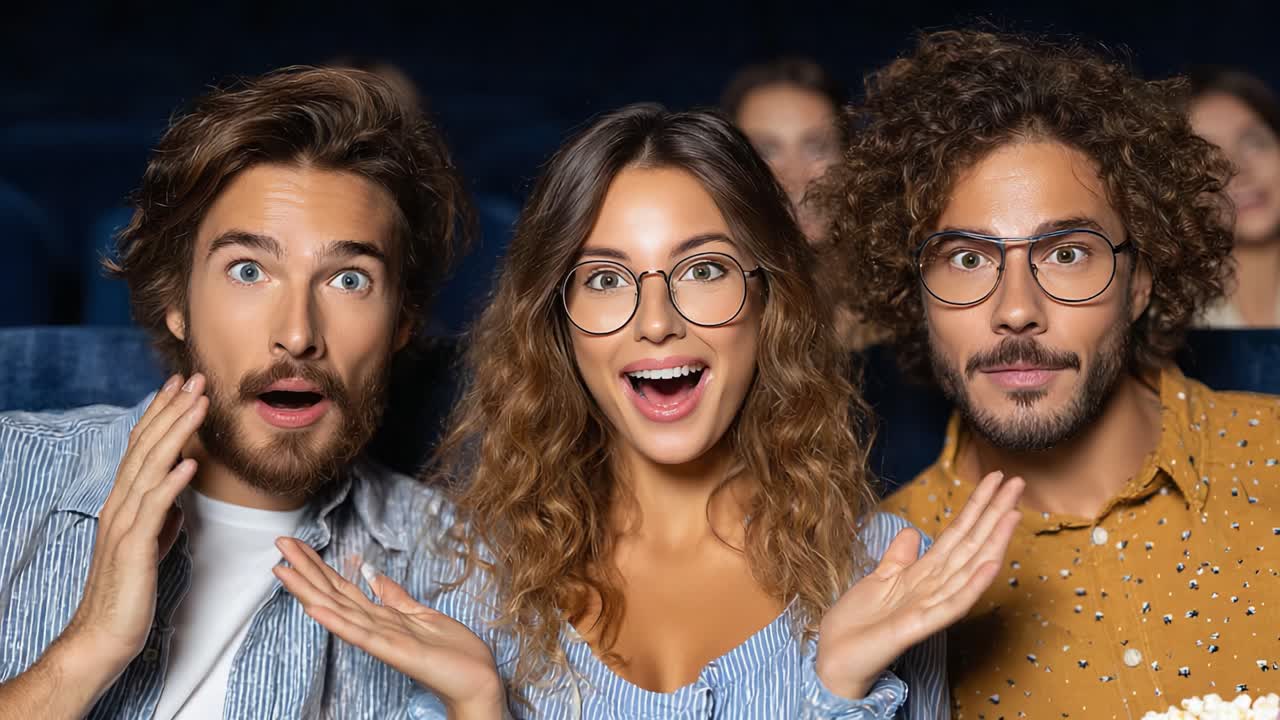 Exciting Movie Experience: Friends Enjoy the Thrills of Cinema in a Packed Theater, Capturing Their Reactions of Surprise and Anticipation in Two Distinct Frames